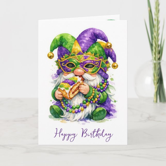 Birthday Mardi Gras Gnome Eating King Cake Card (Front)