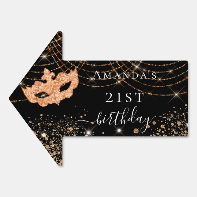 Birthday masquerade black gold mask glitter arrow sign (Front)
