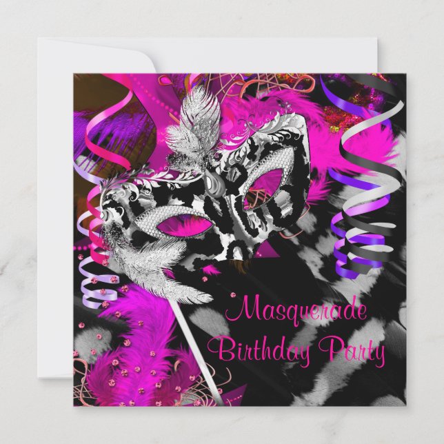 Birthday Masquerade Party Ball Black Silver Pink Invitation (Front)
