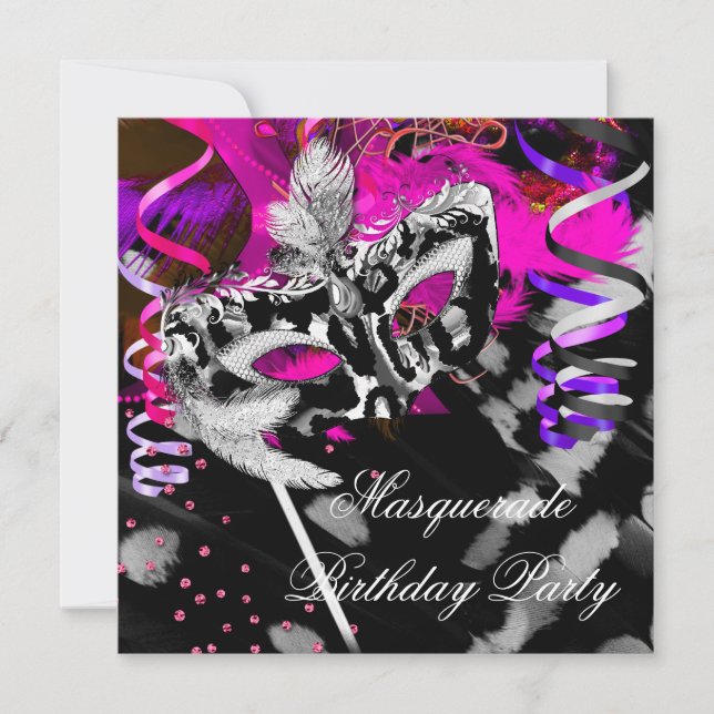 Birthday Masquerade Party Black Silver Pink Invitation (Front)