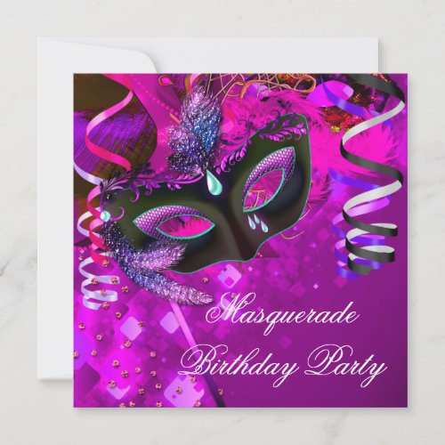 Birthday Masquerade Party Mask Purple Pink Invitation