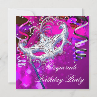 Birthday Masquerade Party Mask Silver Pink Invitation