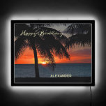 Birthday Men Sunset Tropical Trees Personalize LED Sign<br><div class="desc">Birthday Men Sunset Tropical Trees Personalize LED Sign has a brilliant orange glow sunset on the serene ocean. Replace information with yours and give the Tropical Sunset Birthday LED sign to that special person in your life. Photograph copyright by Denise Bennerson,  photographer</div>