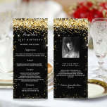 Birthday Menu black gold glitter photo fun facts<br><div class="desc">Birthday party menu card.  Personalize and add a name,  age,  date and the menu. A chic black background,  decorated with faux glitter,  sparkles.  White colored letters.
Back: add a photo of the birthday girl,  fun facts and names.</div>