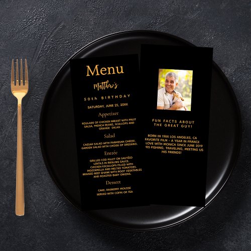 Birthday Menu black gold photo fun facts