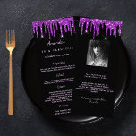 Birthday Menu black purple photo fun facts glitter<br><div class="desc">50 & Fabulous birthday party dinner menu card.  Personalize and add a name,  age,  date and the menu. A chic black background,  decorated with purple faux glitter drips.  Purple colored letters.
Back: add a photo of the birthday girl,  fun facts and names.</div>