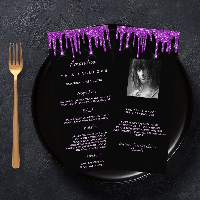 Birthday Menu black purple photo fun facts glitter (Creator Uploaded)