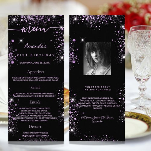 Birthday Menu black purple photo glitter fun facts