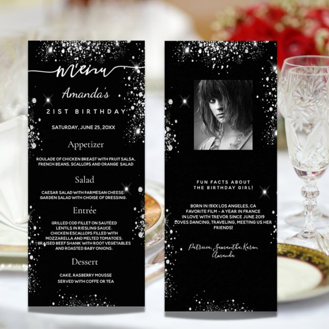 Birthday Menu black white glitter photo fun facts (Creator Uploaded)