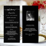 Birthday Menu black white photo fun facts<br><div class="desc">Birthday party menu card.  Personalize and add a name,  age,  date and the menu. A chic black background.  White colored letters.
Back: add a photo of the birthday girl,  fun facts and names.</div>