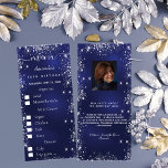 Birthday Menu blue silver photo fun facts choises<br><div class="desc">Birthday party menu card.  Personalize and add a name,  age,  date and the menu for your guests to choose fro. A navy blue background,  decorated with faux silver glitter dust.  The blue color is uneve. White colored letters.
Back: add a photo of the birthday girl,  fun facts and names.</div>