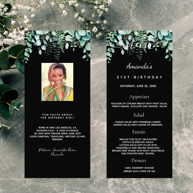 Birthday Menu eucalyptus greenery photo fun facts (Creator Uploaded)