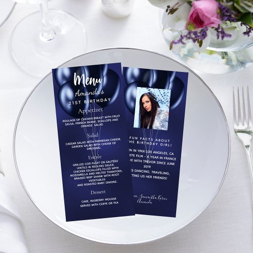 Birthday menu navy blue photo fun facts bio