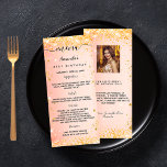 Birthday Menu orange glitter photo fun facts<br><div class="desc">Birthday party menu card.  Personalize and add a name,  age,  date and the menu. An orange gradient background,  decorated with faux glitter,  sparkles.  Golden colored letters.
Back: add a photo of the birthday girl,  fun facts and names.</div>