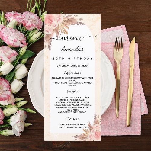 Birthday menu pampas grass rose gold floral marble