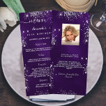 Birthday Menu purple silver glitter photo fun fact<br><div class="desc">Birthday party menu card.  Personalize and add a name,  age,  date and the menu. A purple background,  decorated with faux silver glitter dust.  The purple color is uneven. White colored letters.
Back: add a photo of the birthday girl,  fun facts and names.</div>
