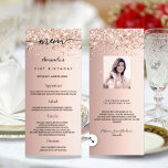 Birthday Menu rose gold glitter photo fun facts<br><div class="desc">Birthday party menu card.  Personalize and add a name,  age,  date and the menu. Rose gold faux metallic looking background,  decorated with faux glitter.  Black colored letters.
Back: add a photo of the birthday girl,  fun facts and names.</div>