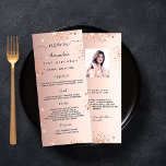 Birthday Menu rose gold glitter photo fun facts<br><div class="desc">Birthday party menu card.  Personalize and add a name,  age,  date and the menu. Rose gold faux metallic looking background,  decorated with faux glitter dust.  Black colored letters.
Back: add a photo of the birthday girl,  fun facts and names.</div>
