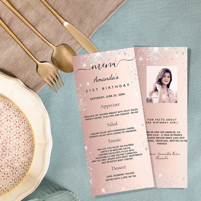 Birthday Menu rose gold glitter photo fun facts (Creator Uploaded)