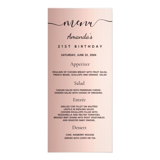 Birthday Menu rose gold metal monogram (Front)