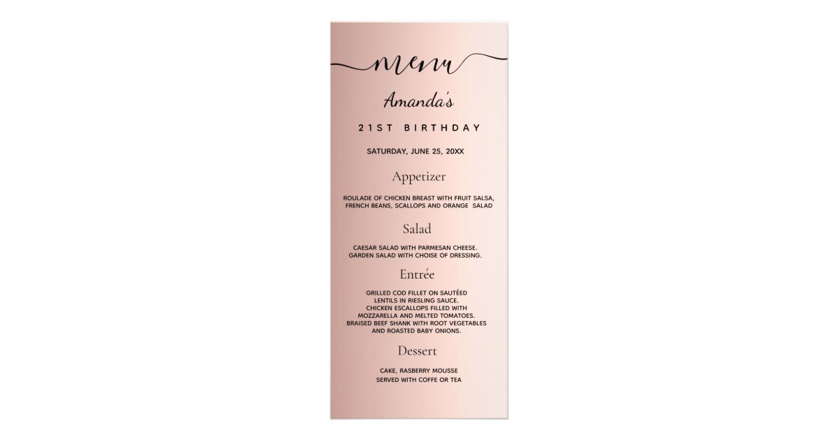 Birthday Menu rose gold photo fun facts | Zazzle