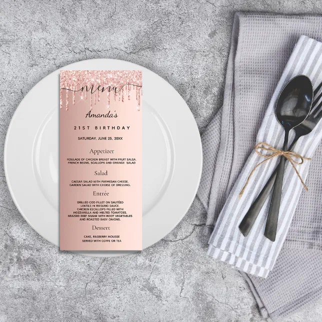 Birthday Menu rose gold pink drips dinner | Zazzle