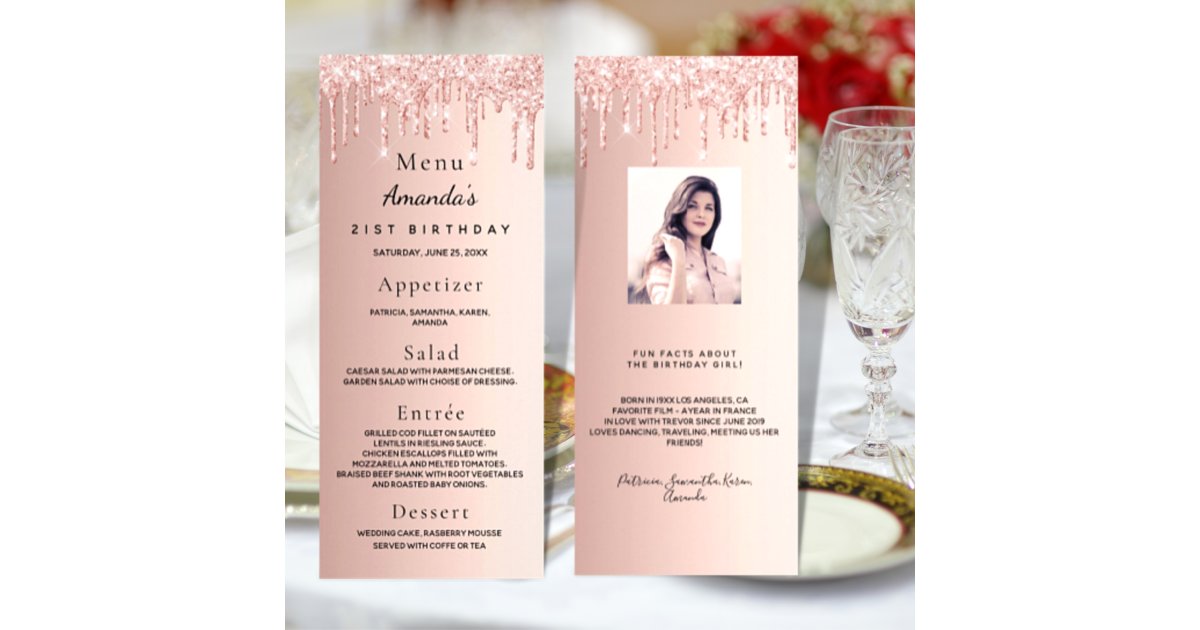 Birthday Menu rose gold pink drips fun facts | Zazzle