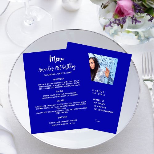 Birthday menu royal blue fun facts photo budget flyer