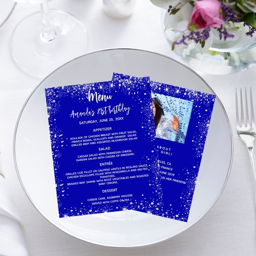 Birthday menu royal blue glitter fun facts photo flyer