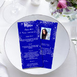 Birthday Menu royal blue silver photo fun facts<br><div class="desc">Birthday party menu card.  Personalize and add a name,  age,  date and the menu. A royal blue background,  decorated with faux silver glitter. White colored letters.
Back: add a photo of the birthday girl,  fun facts and names. Remove the names if not necessary.</div>