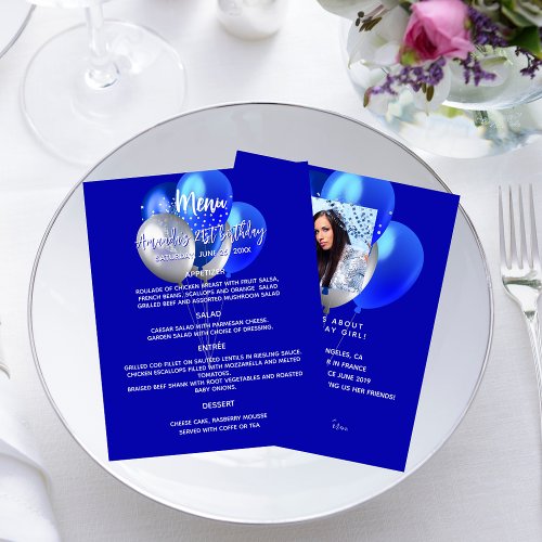 Birthday menu royal blue white balloons fun facts flyer