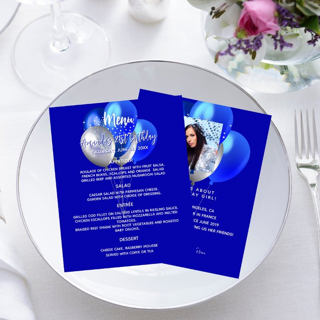 Birthday menu royal blue white balloons fun facts flyer (Creator Uploaded)