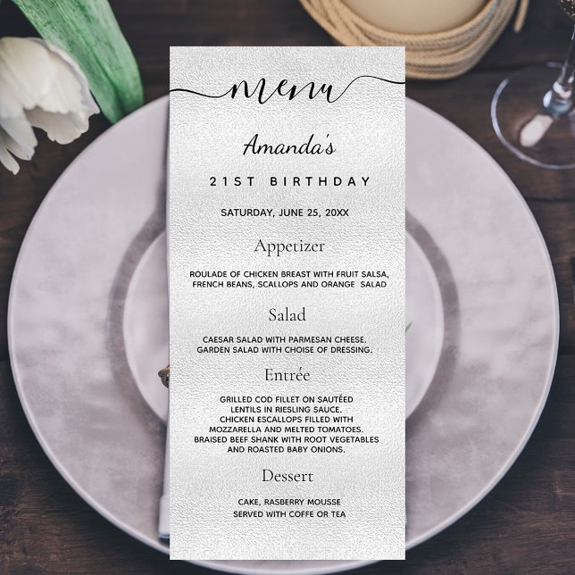 Birthday Menu silver metal monogram name (Creator Uploaded)
