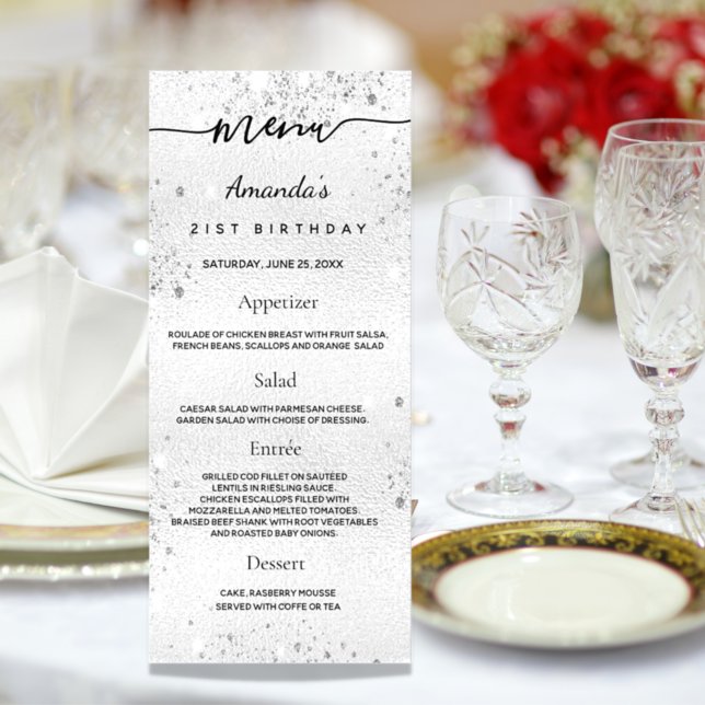 Birthday Menu silver metal monogram name (Creator Uploaded)