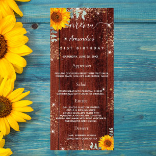 Birthday Menu sunflowers rustic wood glitter