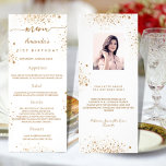 Birthday Menu white gold glitter photo fun facts<br><div class="desc">Birthday party menu card.  Personalize and add a name,  age,  date and the menu. A chic white background,  decorated with faux gold glitter dust.  Golden colored letters.
Back: add a photo of the birthday girl,  fun facts and names.</div>