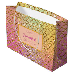 Birthday mermaid scales pink purple glitter large gift bag