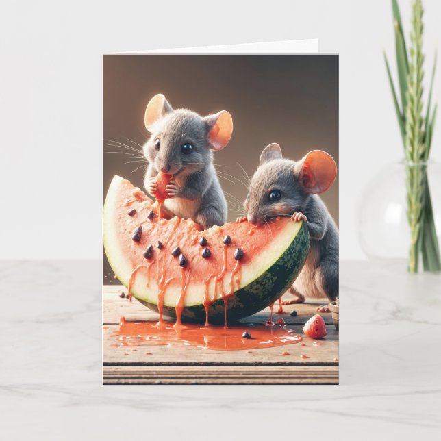 Birthday Mice Eating Watermelon Card (Front)
