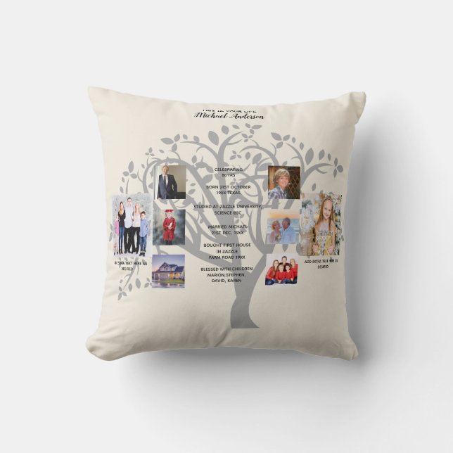 Birthday Milestones PHOTO COLLAGE Family Tree Gift Throw Pillow (Front)
