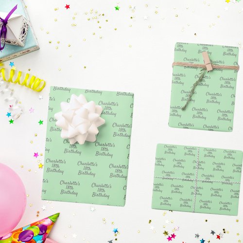 Birthday mint green gray name script wrapping paper sheets