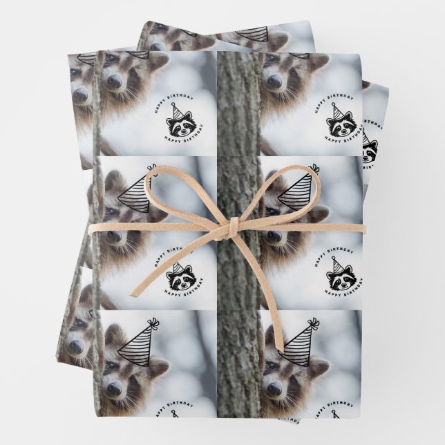 Birthday Mischief: Adorable Raccoon Celebration Wrapping Paper Sheets (In situ)
