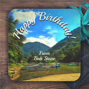 Birthday Mismaloya River Fishing Boats 0344 Square Sticker