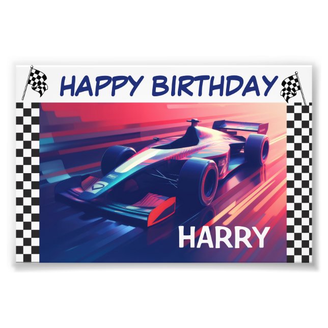 BIRTHDAY MODERN BLUE RACING CAR BANNER PHOTO PRINT (Front)