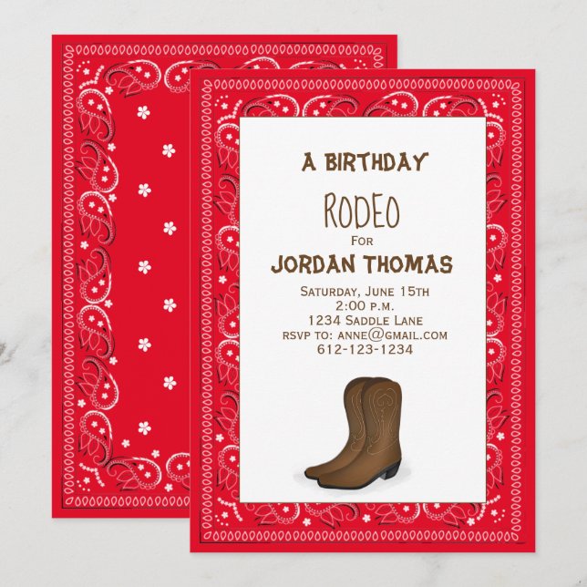 Birthday Modern Cute Red Bandana Cowboy Boots Invitation (Front/Back)