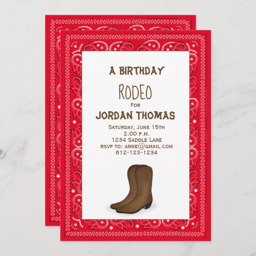 Birthday Modern Cute Red Bandana Cowboy Boots Invitation