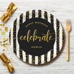 Birthday modern gold type glitter dots black white paper plates<br><div class="desc">“Happy birthday”. Here’s an unique addition to your birthday fête! “Celebrate” with this stunning, modern, sparkly gold glitter dots and typography script against a black and white striped background, paper plate for an event to remember. Personalize the custom text with your guest of honor’s name. Your choice of 2 sizes:...</div>