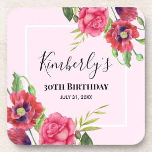 Birthday Modern Red Pink Flowers on Light Pink Beverage Coaster