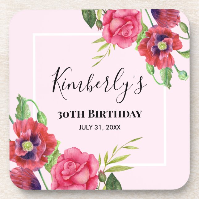 Birthday Modern Red Pink Flowers on Light Pink Beverage Coaster (Front)