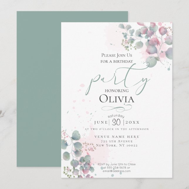 BIRTHDAY | Modern Watercolor Eucalyptus Foliage Invitation (Front/Back)
