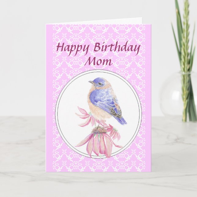 Birthday Mom, Lace, Bluebird Flower Garden Card (Front)